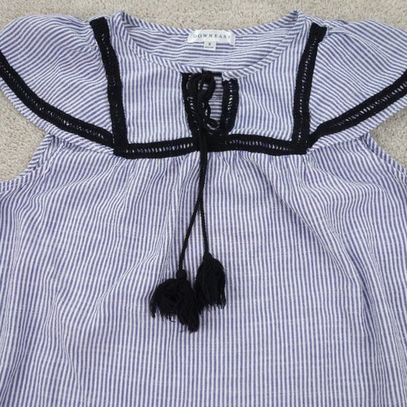 Downeast Top Women's Small Blue Striped Cape Sleeve Tasseled Boho - Picture 2 of 8